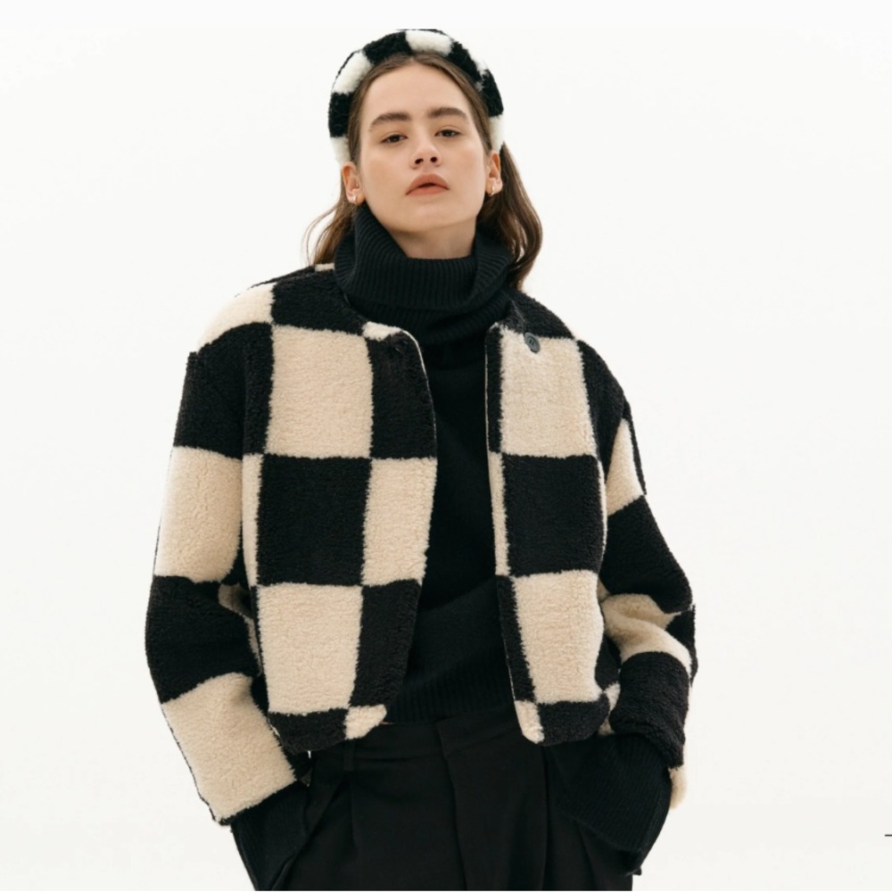Collarless Checked Shearling Jacket, Black - image 2